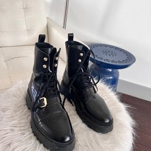 All Saints Glossy Black Moto Boots with Silver Accents